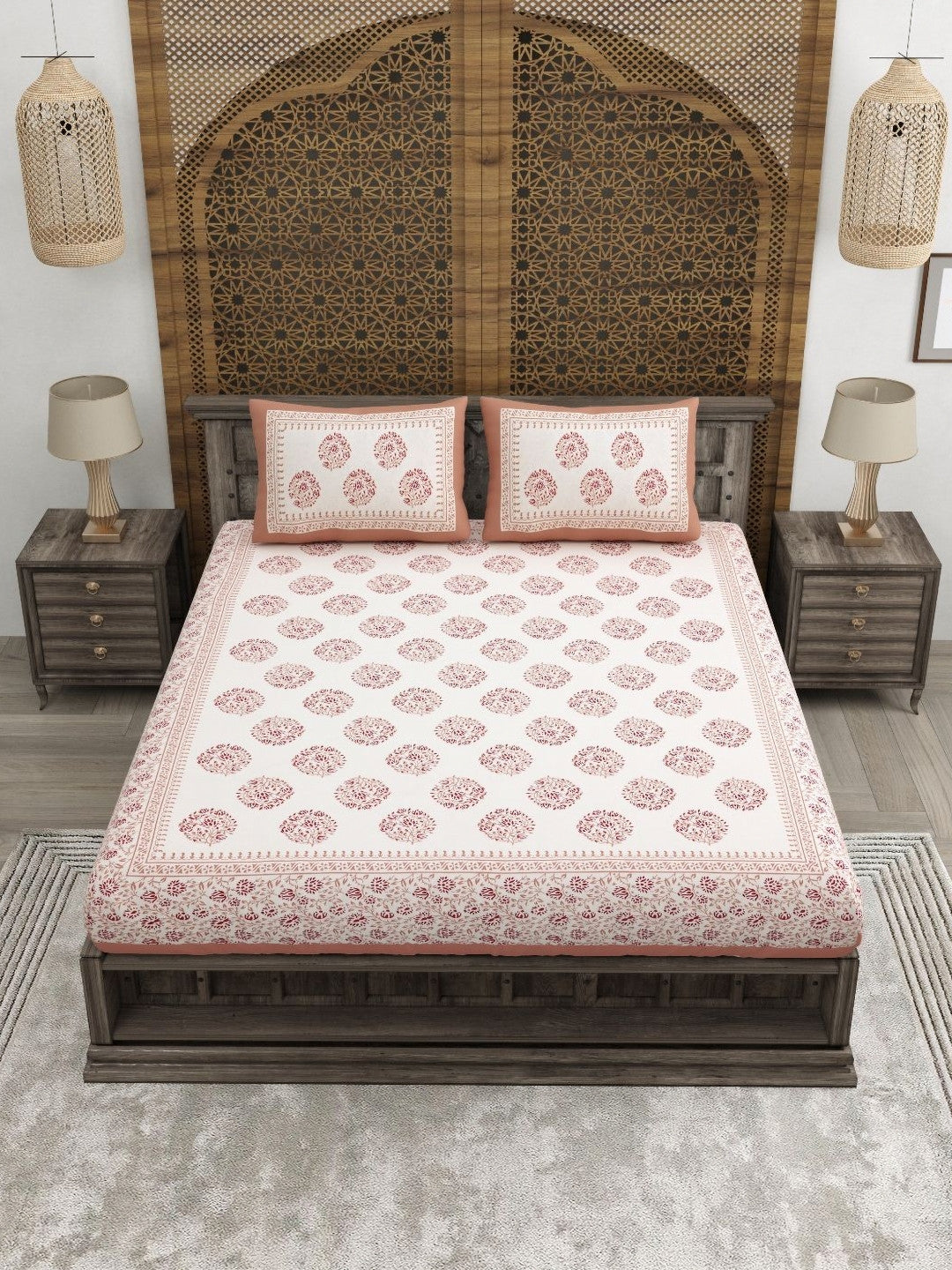 Rangloom Fabrics Peach Floral Cotton 180 TC King Fine Bedsheet with 2 Pillow Covers