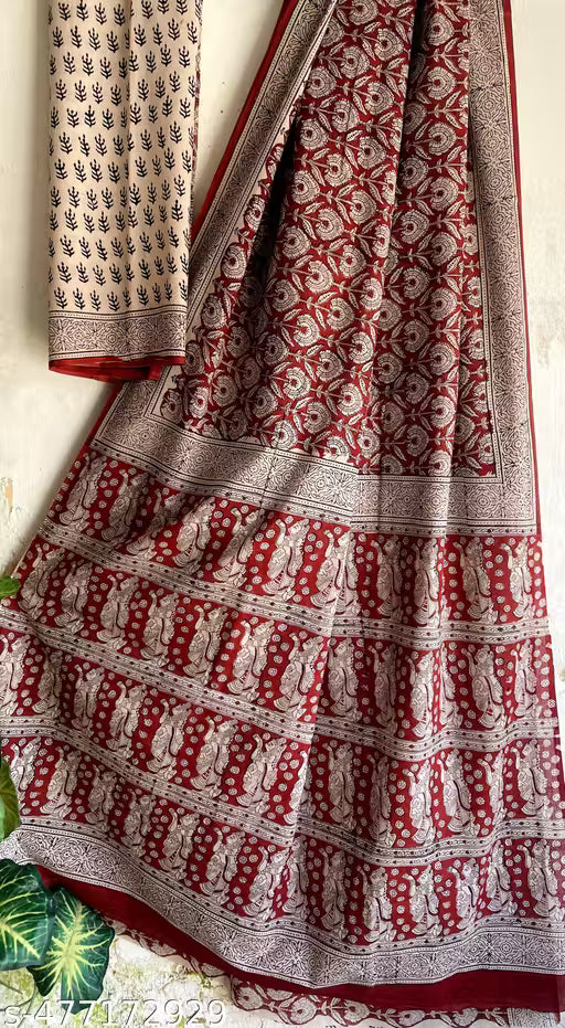 Bagru Hand Block Printed Soft Cotton Mulmul Saree