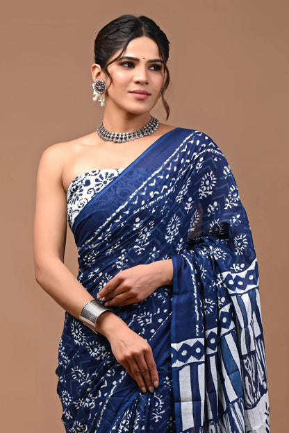 Ethnic Motifs Pure Soft Muslin Cotton Bagru Printed Saree