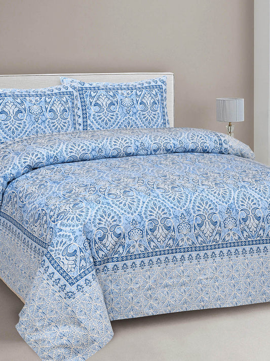 Rangloom Fabrics Blue Ethnic Motifs Pure Cotton 180 TC King Fine Bedsheet with 2 Pillow Covers-