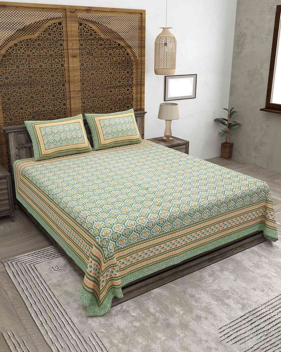 Jaipuri Print 100% Cotton King Size Bedsheet with Pillow Covers