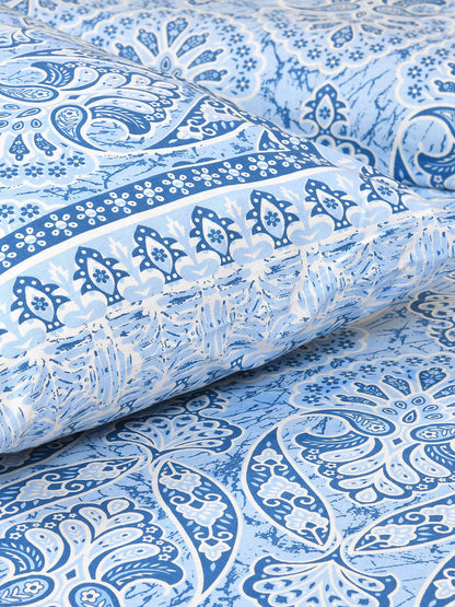 Rangloom Fabrics Blue Ethnic Motifs Pure Cotton 180 TC King Fine Bedsheet with 2 Pillow Covers-