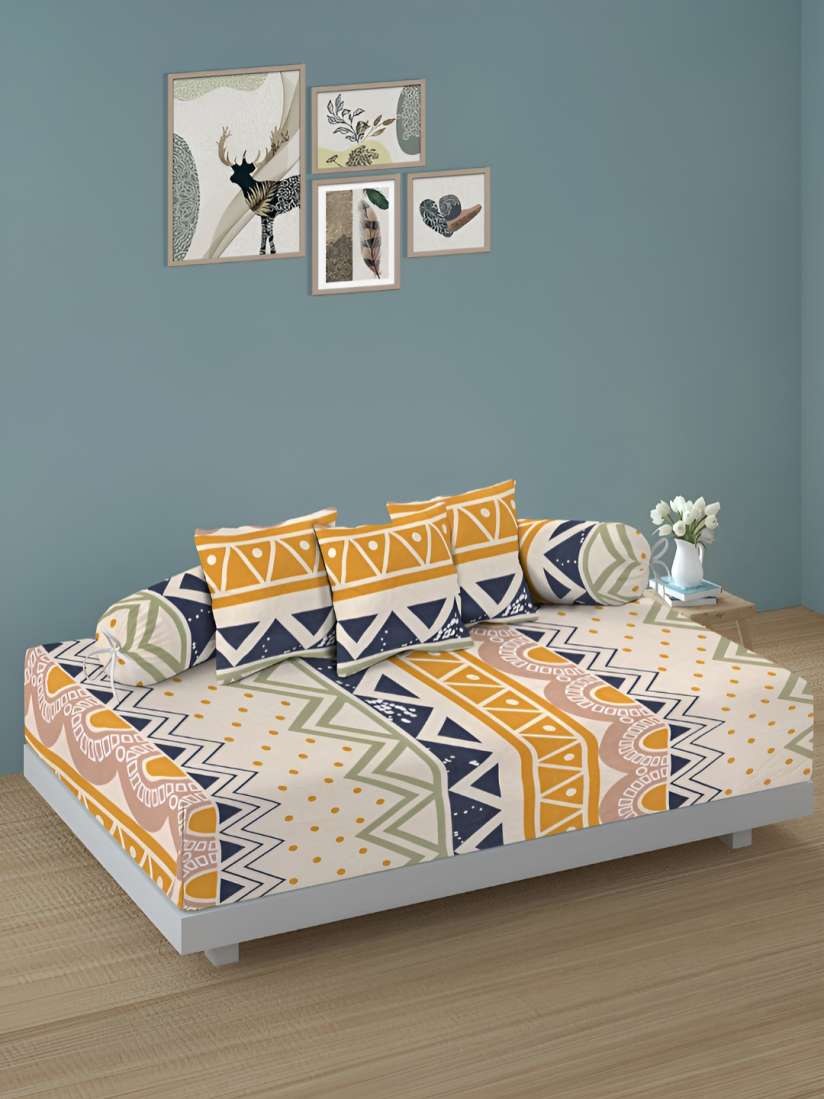 Yellow & Cream Printed Geometric Cotton Diwan Set – 8 Pieces