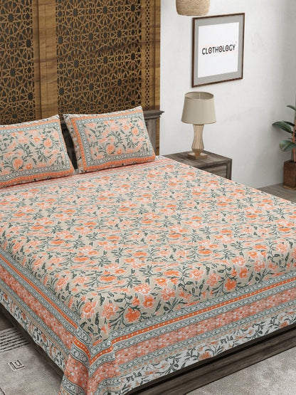 Rangloom Fabrics Orange Floral Pure Cotton 180 TC King Fine Bedsheet with 2 Pillow Covers-108 x 89 inches