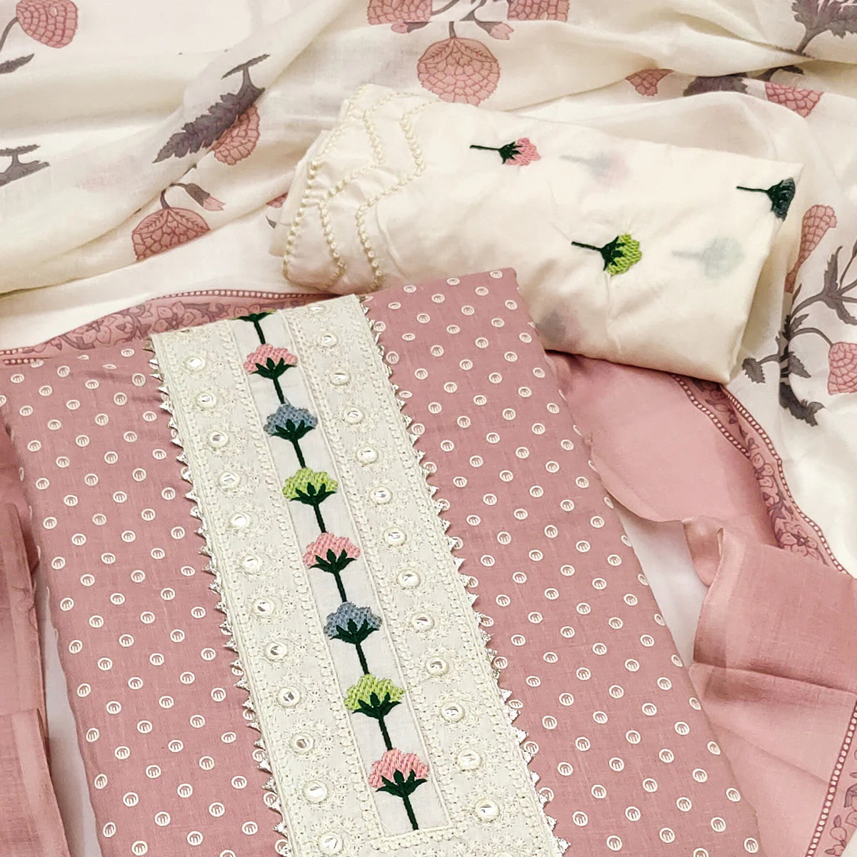 Dusty Pink Pure Cotton Dress Material with Timeless Polka Design Print Design