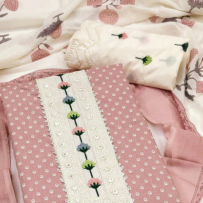 Dusty Pink Pure Cotton Dress Material with Timeless Polka Design Print Design