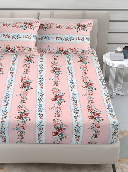 Rangloom Fabrics Pink Floral Polycotton Breathable 300 TC King Fine Bedsheet with 2 Pillow Covers