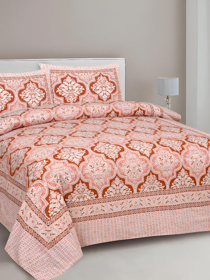 Rangloom Fabrics Peach Ethnic Motifs Cotton 210 TC King Fine Bedsheet with 2 Pillow Covers