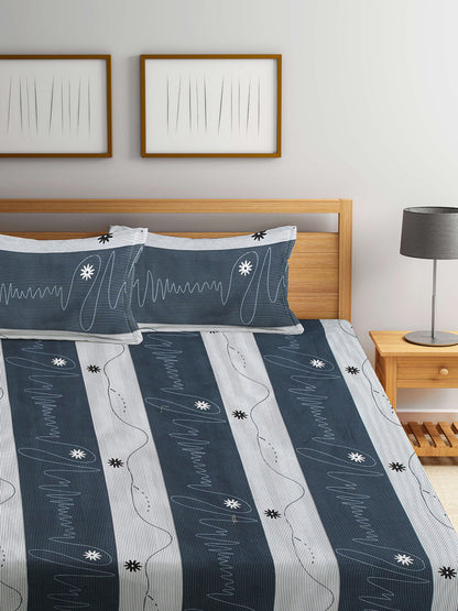 Rangloom Fabrics Blue Striped Cotton 300 TC King Fine Bedsheet with 2 Pillow Covers