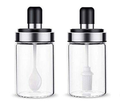 Transparent Glass Food Storage Jar with Brush for Ghee, Butter, Oil dipper Seasoning Bottle Jar -Set of 2 (250ml Each)