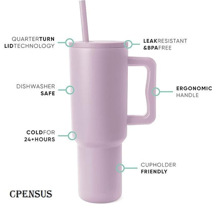 Double Insulated Tumbler with Handle & Straw Lid 40oz (Purple)