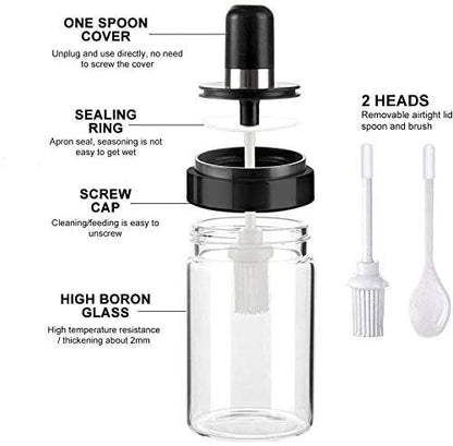 Transparent Glass Food Storage Jar with Brush for Ghee, Butter, Oil dipper Seasoning Bottle Jar -Set of 2 (250ml Each)