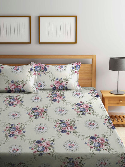 Rangloom Fabrics White Floral Polycotton 300 TC King Fine Bedsheet with 2 Pillow Covers