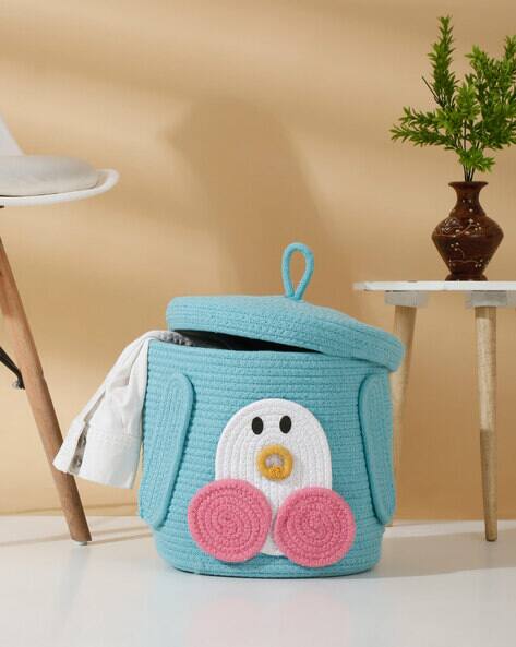 Cotton Rope Woven Storage Basket With Lid, Fabric Bucket With Cover, Clothes Toys Organizer For Kid's Room