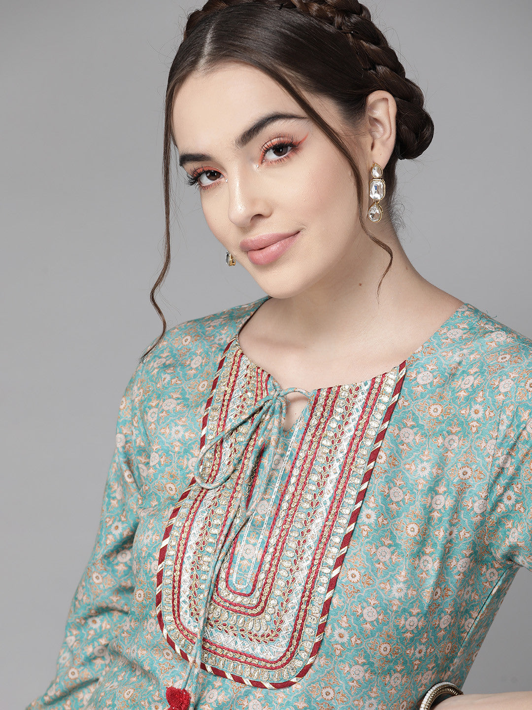 Rani Raiment Varanga Teal Blue Ethnic Motif Yoke Embroidered Print Kurta
