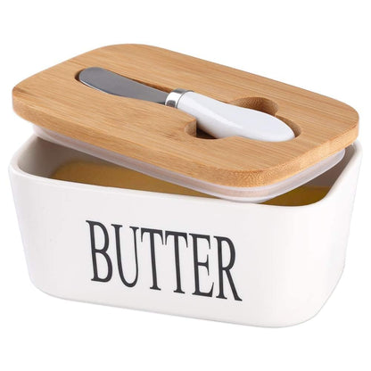 Ceramic Butter Dish with Wooden Lid with Steal Butter Knife, Bamboo Cover and Silicone Sealing Ring (White)
