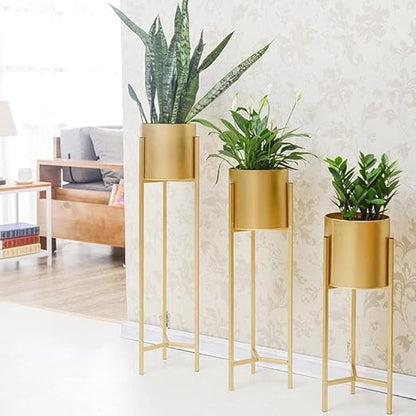 Golden Elegance Metal Tall Planter Stands with Pots  – Set of 3