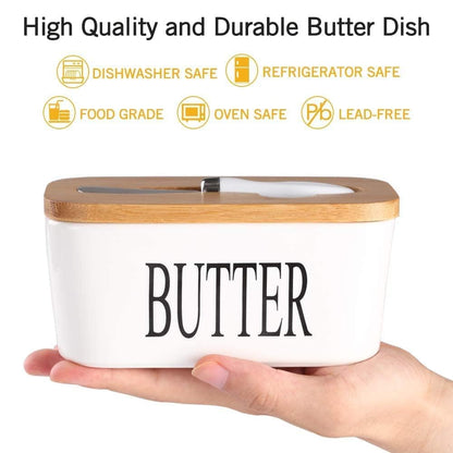 Ceramic Butter Dish with Wooden Lid with Steal Butter Knife, Bamboo Cover and Silicone Sealing Ring (White)