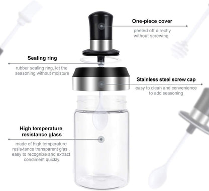 Transparent Glass Food Storage Jar with Brush for Ghee, Butter, Oil dipper Seasoning Bottle Jar -Set of 2 (250ml Each)