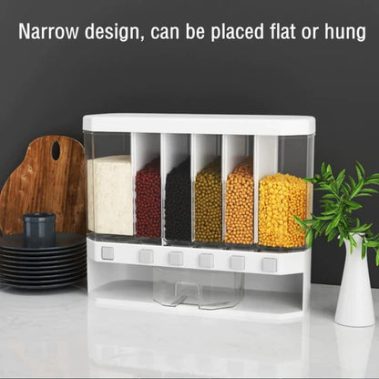 Wall Mounted Cereal Plastic Dispenser - 6 Grid Dry Food Dispenser for Kitchen Storage