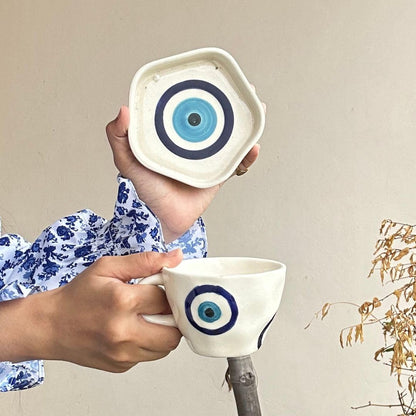 Handcrafted Ceramic Nazarbattu (Evil Eye) Cup & Saucer Set (300 ml)