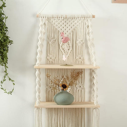 Macrame Hanging Shelf – White Wooden Wall Decor