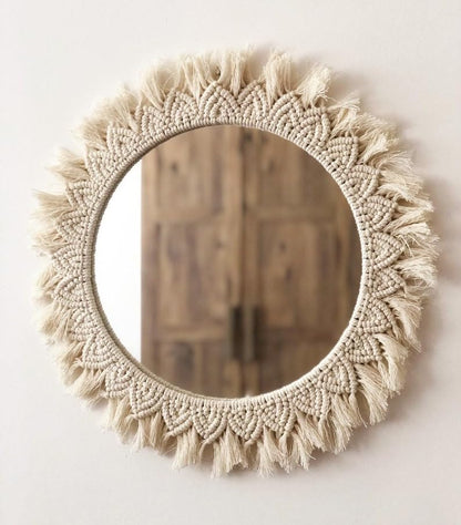 Round Decorative Wall Mirror with Macrame Frame – Boho Design (Off White)