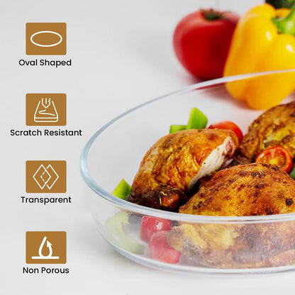 Glass Baking Dish Serving Tray, Transparent, Microwave Oven Dishwasher Freezer Safe, Oval Borosilicate Glass Baking Tray – 700ml (pack of 1)