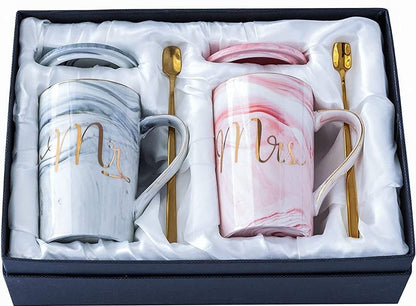 Mr. & Mrs. Ceramic Marble Finish Coffee Mug with Lid & Spoon (380 ml)