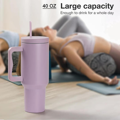 Double Insulated Tumbler with Handle & Straw Lid 40oz (Purple)