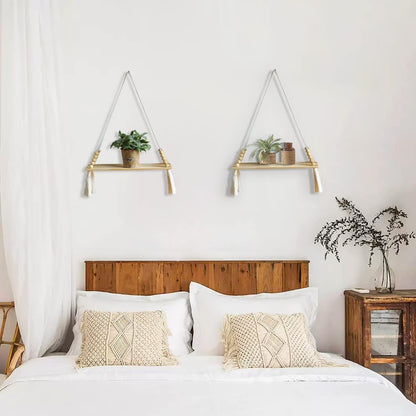 Boho Macrame Wall Shelf – Off-White Handmade Hanging Storage