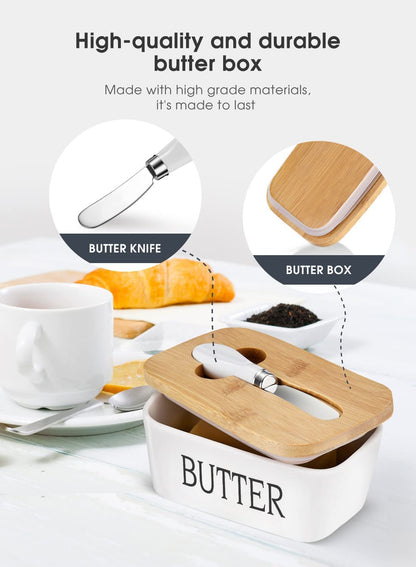 Ceramic Butter Dish with Wooden Lid with Steal Butter Knife, Bamboo Cover and Silicone Sealing Ring (White)