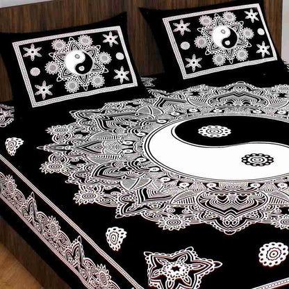 Jaipuri Yin Yang 100% Cotton King Size Printed Bedsheet with Pillow Covers