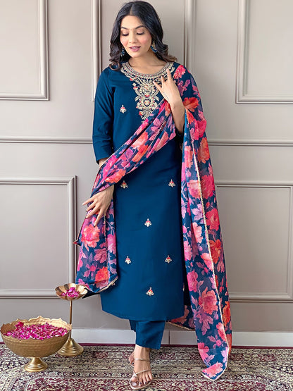 Rani Raiment Turquoise Blue Floral Embroidered Regular Thread Work With Trousers & Dupatta