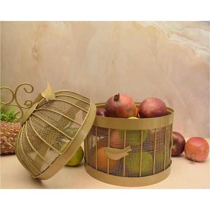 Brass Finished Metal Mesh (Jaali) Fruit Basket with  Lid Countertop Ideal for Storing Fruits, Vegetables