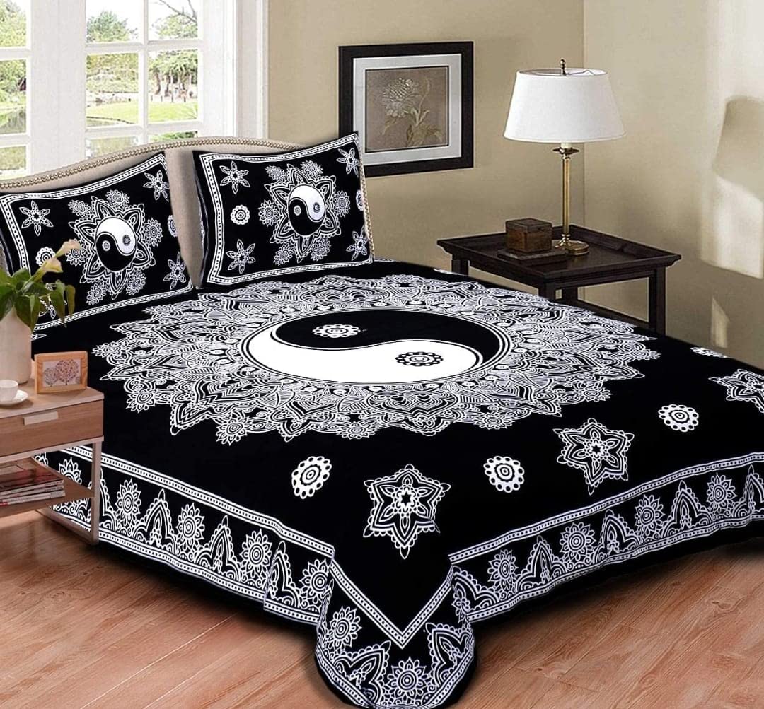 Jaipuri Yin Yang 100% Cotton King Size Printed Bedsheet with Pillow Covers