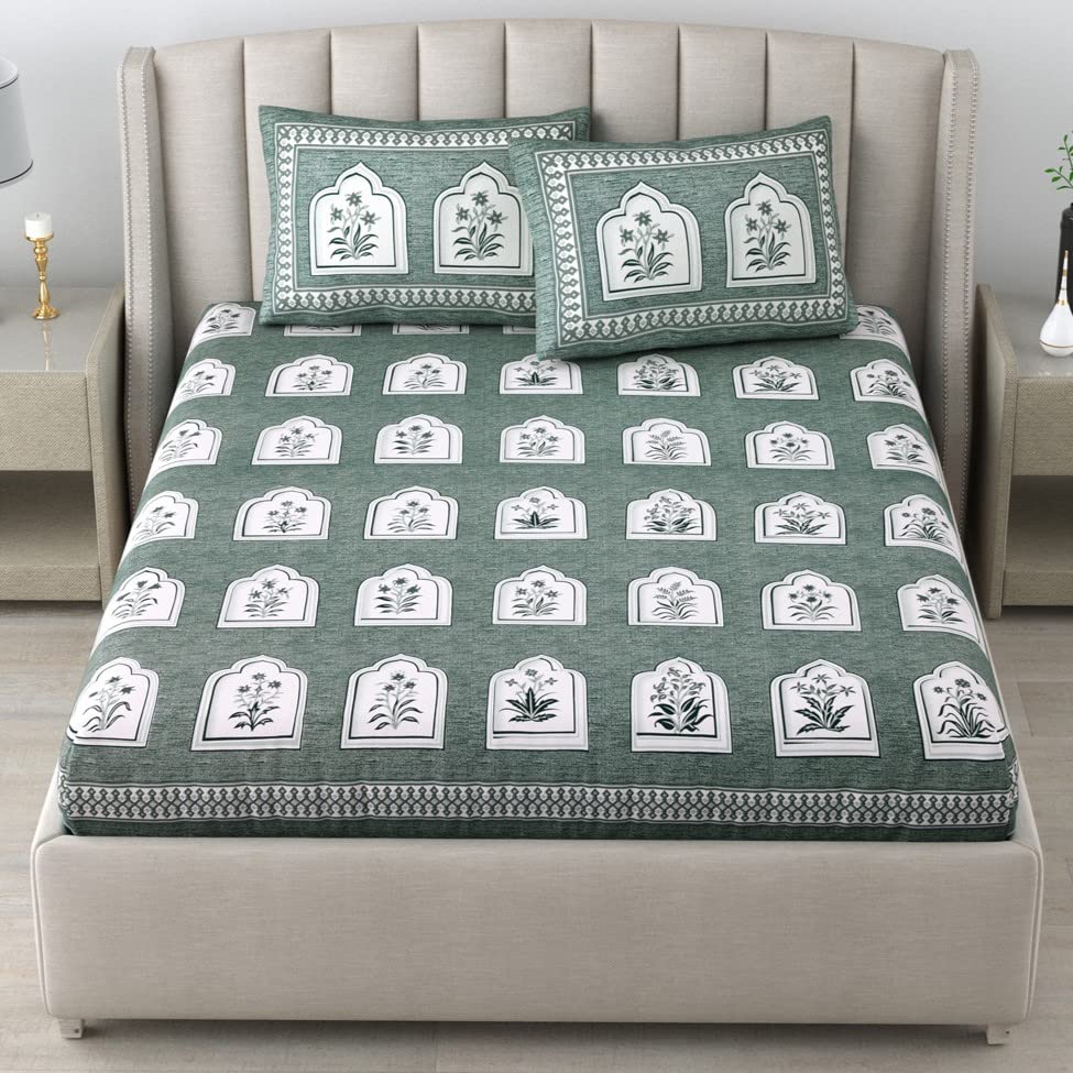 Green Color Jaipuri Printed 100% Cotton Bedsheet With Pillow Covers