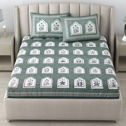 Green Color Jaipuri Printed 100% Cotton Bedsheet With Pillow Covers