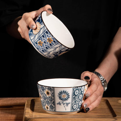 Japanese Style Ceramic Snack Bowls-400ml, Handcrafted Floral & Geometric Patterns (Pack of 4)