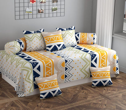 Yellow & Cream Printed Geometric Cotton Diwan Set – 8 Pieces