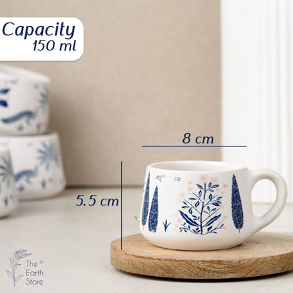 Blue Floral Design Ceramic Coffee Mugs  (Set of 6, 150ml)