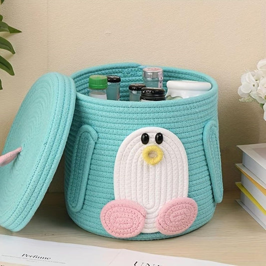 Cotton Rope Woven Storage Basket With Lid, Fabric Bucket With Cover, Clothes Toys Organizer For Kid's Room