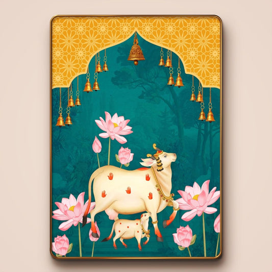 Premium Pichhwai Cow & Lotus Print with Sparkle Lamination – Golden Slim Frame (50 x 34 cm, MG471)