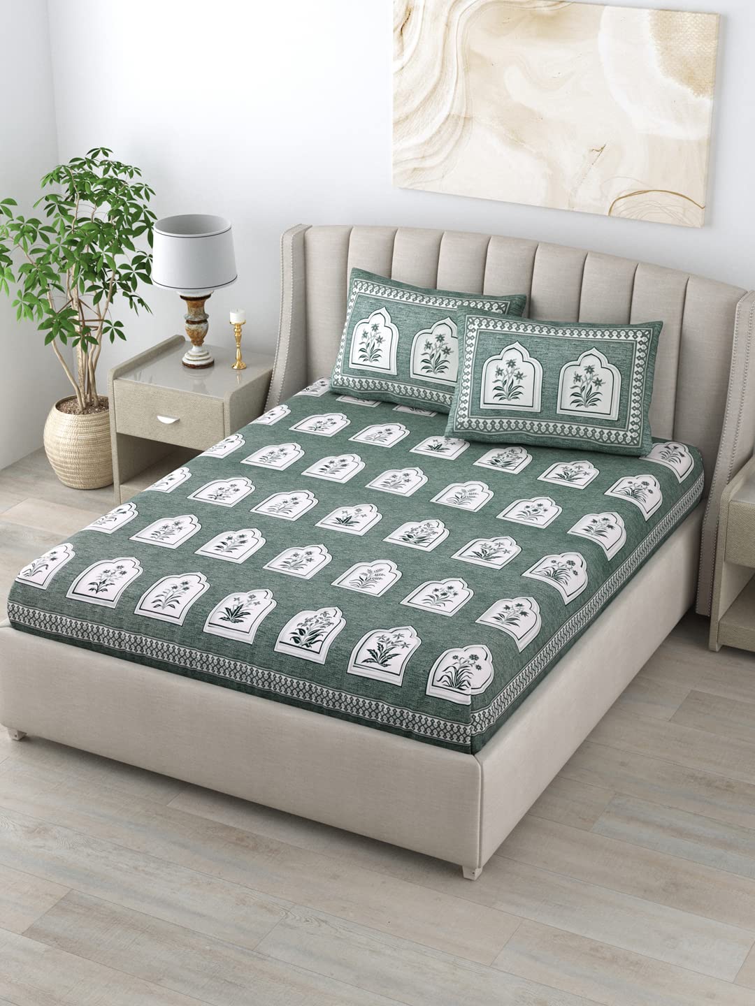 Green Color Jaipuri Printed 100% Cotton Bedsheet With Pillow Covers