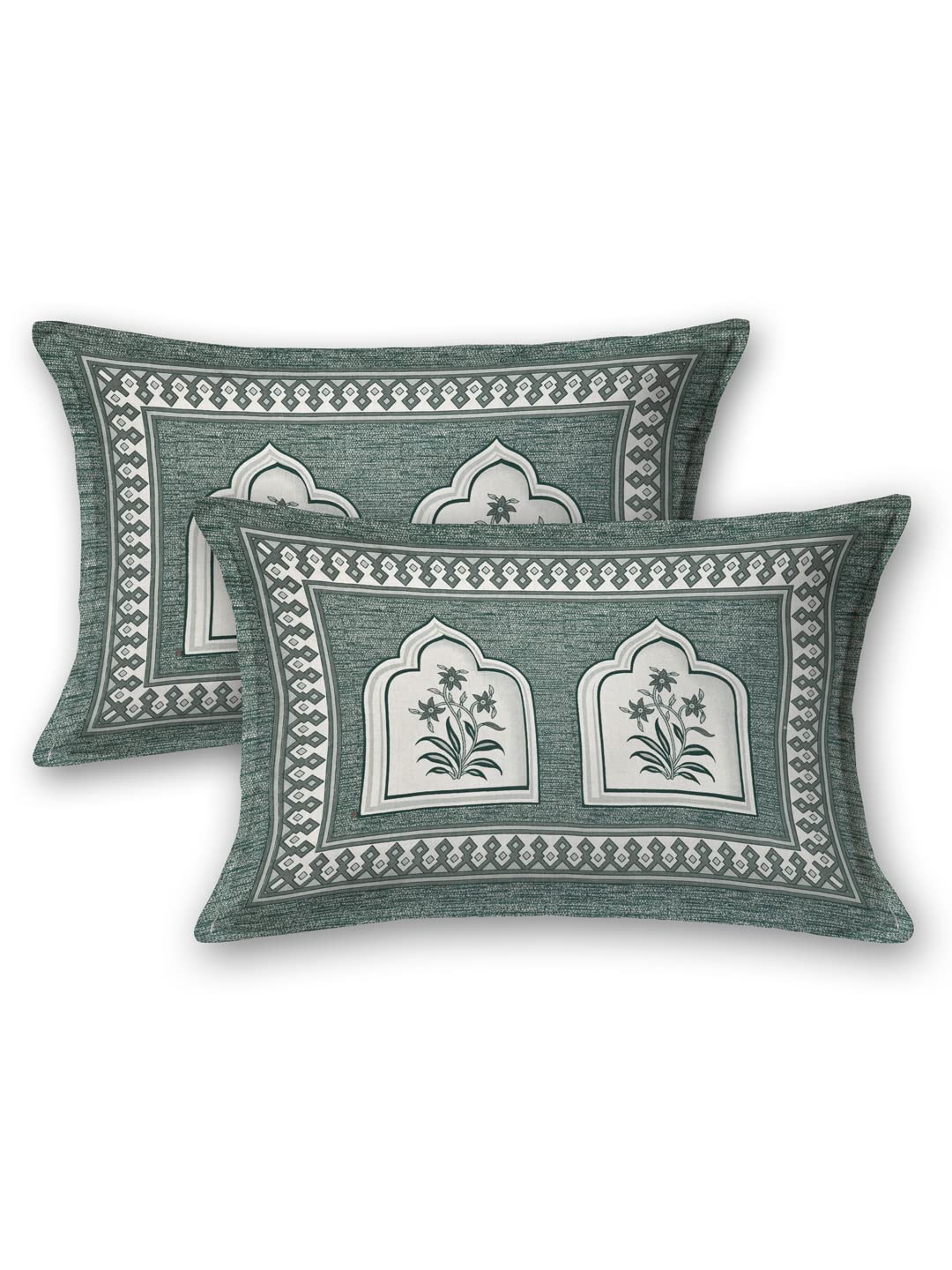 Green Color Jaipuri Printed 100% Cotton Bedsheet With Pillow Covers