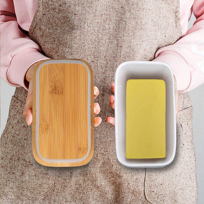 Ceramic Butter Dish with Wooden Lid with Steal Butter Knife, Bamboo Cover and Silicone Sealing Ring (White)