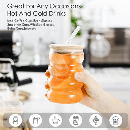 Trending Spiral Bubble Glass Tumbler with Wooden Lid & Straw – 500 ml (Pack of 2)