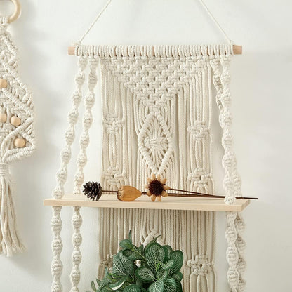 Macrame Hanging Shelf – White Wooden Wall Decor