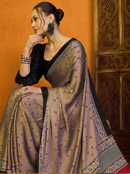 Rani Raiment Striped Satin Block Print Saree