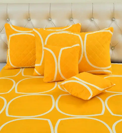Vibrant Yellow Checked Bedsheet Set – Glace Cotton Comfort 5-Piece